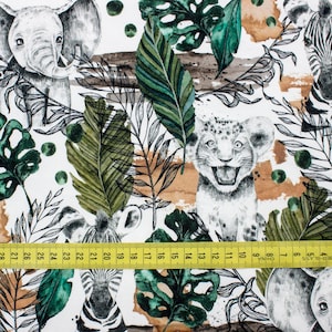 Safari Animals Stretch Knit Fabric,  Elephant, Rhino, Giraffe, Zebra Digital Print Knit Cotton, High quality Knitwear, Width 155cm /61"