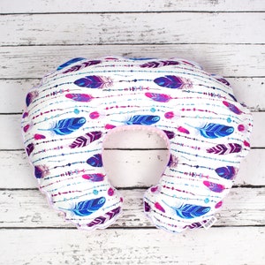 Ready to ship! Boho Feathers Nursing Pillow Cover, Handmade Cotton and Minky Cover With Zipper, New mom gift | Nuva