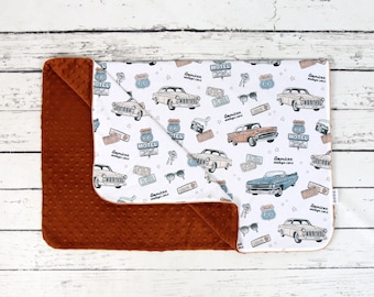 American Vintage Car Minky Blanket, Route 66 Boy Personalized Handmade Minky Blanket, Monogrammed Blanket | Nuva