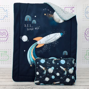 Space Navy Crib Bedding Set, Spaceship Rocket Bedding Set, Cotton and Minky Coverlet and Flat Infant Pillow | Nuva