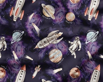 Space Rocket Navy Cotton Fabric, Planets and Astronaut Modern Nursery, Premium Digital Print Cotton, Width 155cm /61"