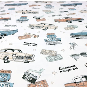 Soft broadcloth cotton fabric with retro automotive print