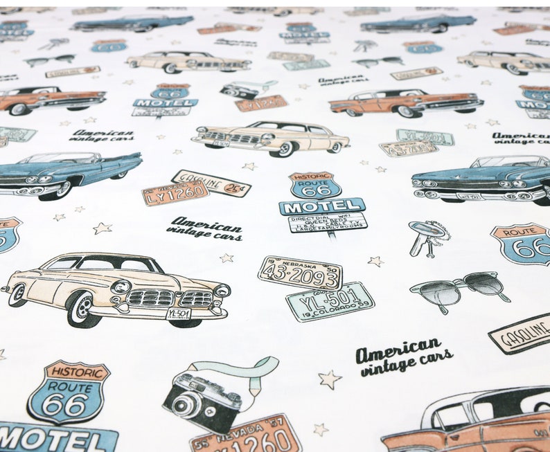 Soft broadcloth cotton fabric with retro automotive print