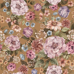 Caramel Purple Garden Flowers Cotton Fabric, Floral Garden Modern Nursery, Premium Digital Print Cotton, Width 155cm /61"