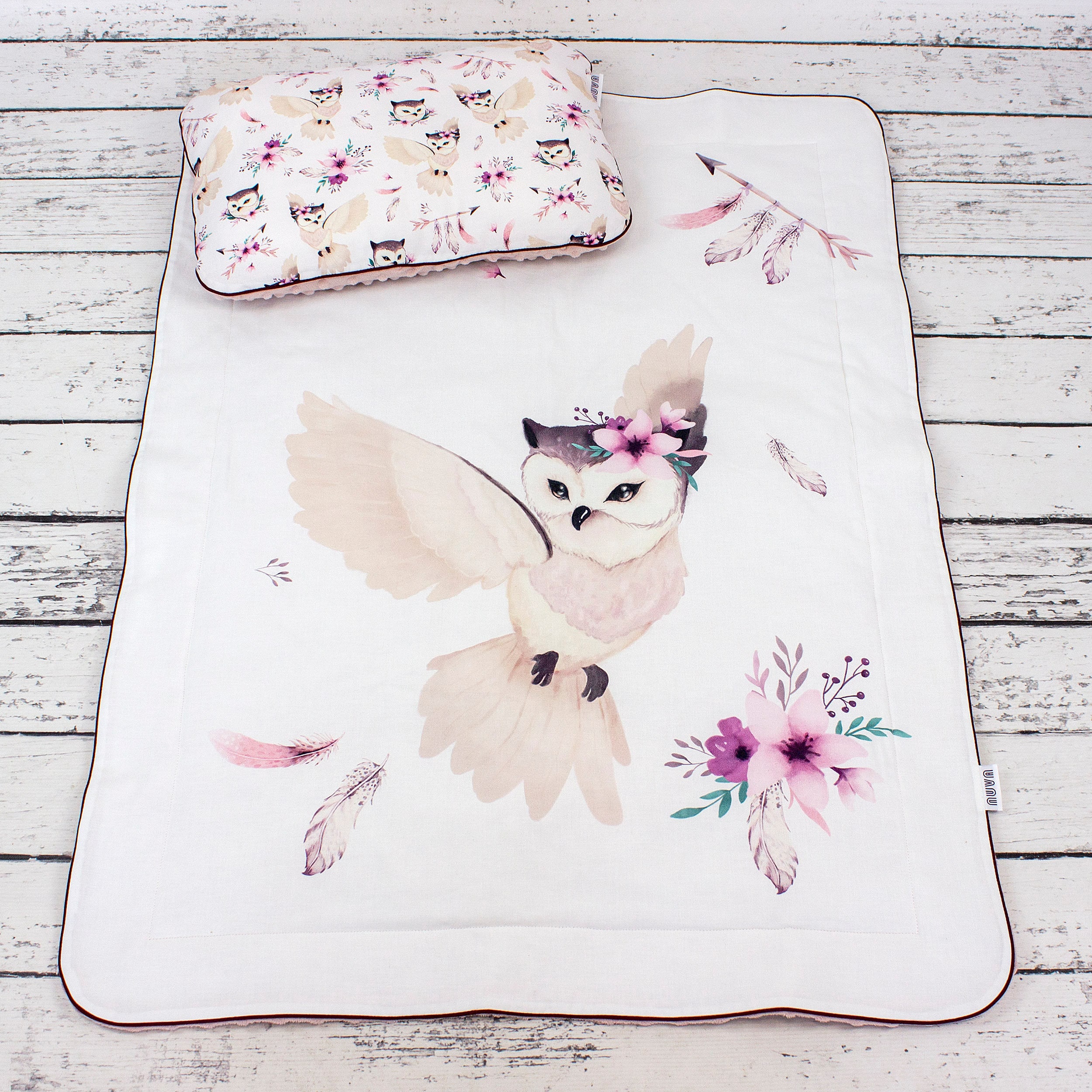 Boho Owls Baby Bedding Set &ndash; Cotton & Minky Blanket with Crib Pillow