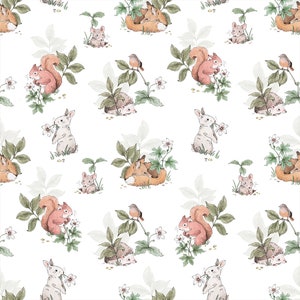 Squirrels, Fox and Hedgehog Cotton Fabric, Watercolor Woddland Modern Nursery, Premium Digital Print Cotton, Width 155cm /61&quot;