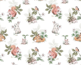 Squirrels, Fox and Hedgehog Cotton Fabric, Watercolor Woddland Modern Nursery, Premium Digital Print Cotton, Width 155cm /61"