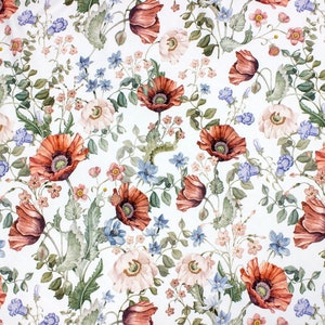 Large Creamy Poppy Meadow Knit Cotton, Filed Flower Stretch Knit, Digital Print French Terry, High quality Knitwear, Width 150cm /59"