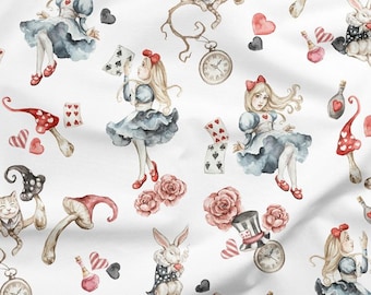 Tela de algodón premium de Alicia en el País de las Maravillas: estampado infantil de cuento de hadas