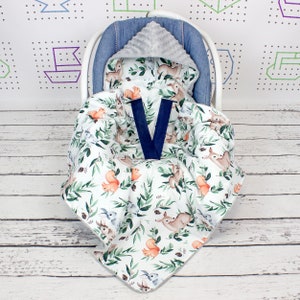 ¡Listo para enviar! Manta para asiento de auto Woodland, manta con capucha Roe and Bunny, tamaño para recién nacidos, para arnés de 5 puntos, para asiento de auto ¡Listo para enviar! / Nuva