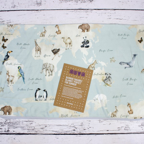 World Map with Animals Bamboo Viscose Swaddle Blanket, Organic Warp Summer Baby Blanket, Summer Simple Blanket | Nuva