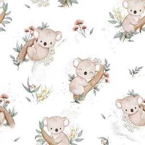 Tessuto di cotone bianco con motivo koala, orsi koala ed eucalipti, per cameretta moderna, stampa digitale di alta qualità, larghezza 155 cm / 61"