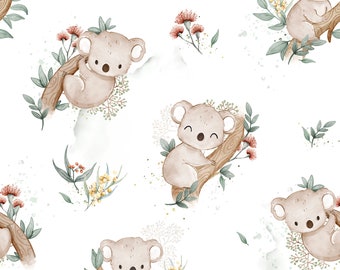 Tissu coton koala blanc, koalas et eucalyptus pour chambre de bébé, coton imprimé numérique haut de gamme, largeur 155 cm/61 po.