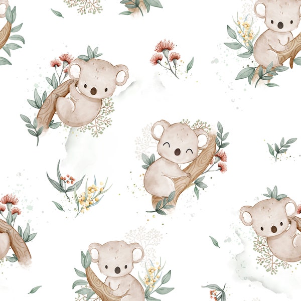 Tissu coton koala blanc, koalas et eucalyptus pour chambre de bébé, coton imprimé numérique haut de gamme, largeur 155 cm/61 po.