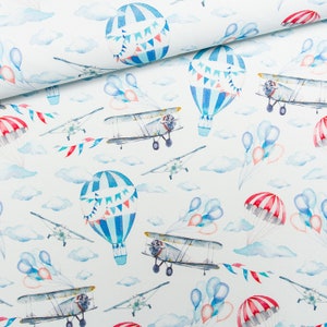 Airplanes and Balloons Cotton Fabric, Vintage Plane Boys Nursery, Premium Digital Print Cotton, Width 155cm /61"