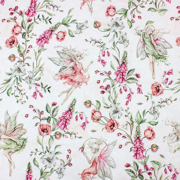 Nymphe d’eau Fée en tissu fleurs, tissu de coton floral, cloche de fleur, lys, coquelicot, coton à impression numérique premium, largeur 155cm /61 »