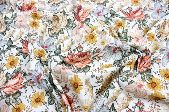 Vintage Garden Flowers Cotton Fabric, Floral Garden Modern Nursery