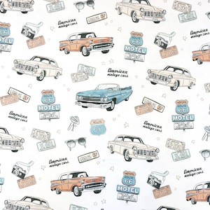 Retro car cotton fabric with vintage print for nursery and crafts