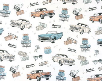 Retro Car Cotton Fabric: Vintage American Cars Print