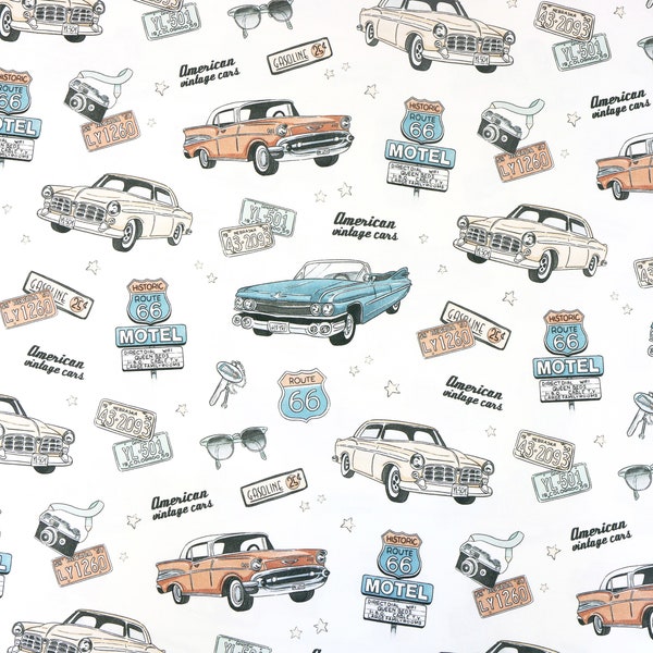 Tissu en coton de voiture rétro, voiture vintage américaine, Route 66 Premium Digital Print Cotton, Largeur 155cm /61"