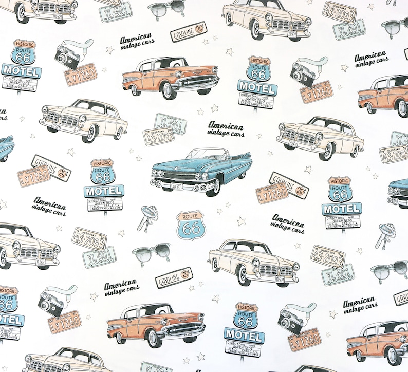 Retro car cotton fabric with vintage print for nursery and crafts