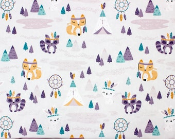 May include: White fabric with a repeating pattern of cartoon animals, teepees, dream catchers, and mountains. The animals include foxes, raccoons, and rabbits, all wearing Native American-style headbands. The color palette includes orange, purple, teal, and white.