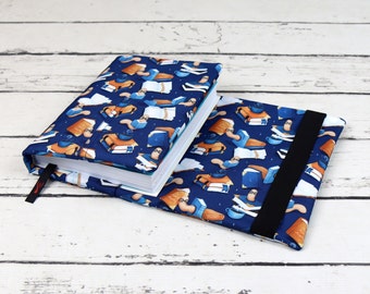 Bookworm Navy Adjustable Wrap-Around Book Cover for Paperback and Hardcover Book, Notebook and Journal, Fabric Book Jacket | Nuva