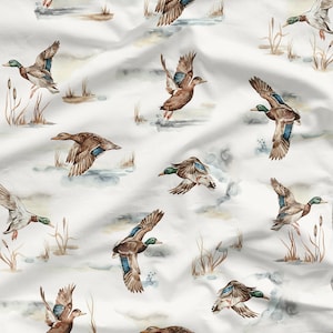 Wild Ducks Cotton Fabric, Duck  Lake Modern Nursery, Autumn Premium Digital Print Cotton, Width 155cm /61"