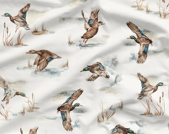 Wild Ducks Cotton Fabric, Duck  Lake Modern Nursery, Autumn Premium Digital Print Cotton, Width 155cm /61"