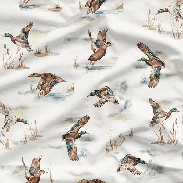 Wild Ducks Cotton Fabric, Duck  Lake Modern Nursery, Autumn Premium Digital Print Cotton, Width 155cm /61"