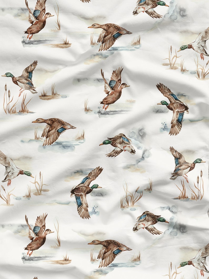 Oeko-Tex certified cotton fabric with ducks and lake design