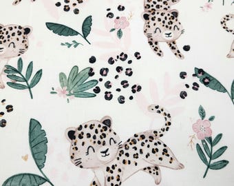 Playful Cheetah Kids Cotton Fabric – Tropical Leaves & Flowers Print