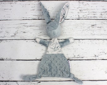 Gray Vintage Forest Animals Bunny Snuggle Blanket, Personalized Baby Comforter, Embroidered Lovey Blanket, Bunny Snuggly Newborn Gift | Nuva
