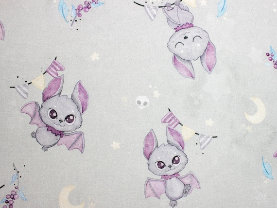 Gray Cute Vampire Bats Cotton Fabric – Premium Digital Print Cotton
