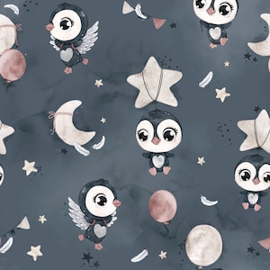 Gray Dream Penguins Cotton Fabric, Stars and Moon Modern Nursery, Premium Digital Print Cotton, Width 155cm /61&quot;