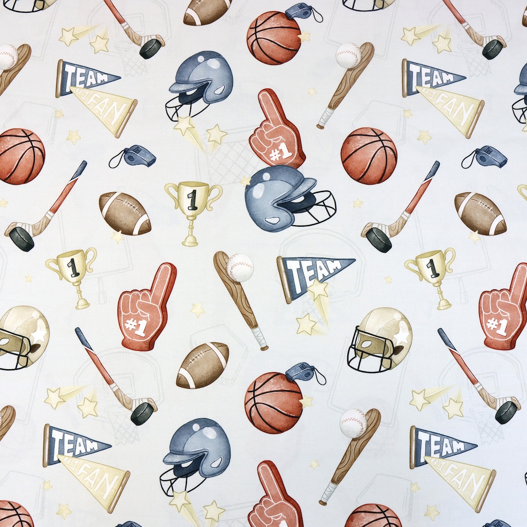 Go Team Sport Cotton Fabric, Basketball, Football, Baseball, Sport Premium Digital Print Cotton