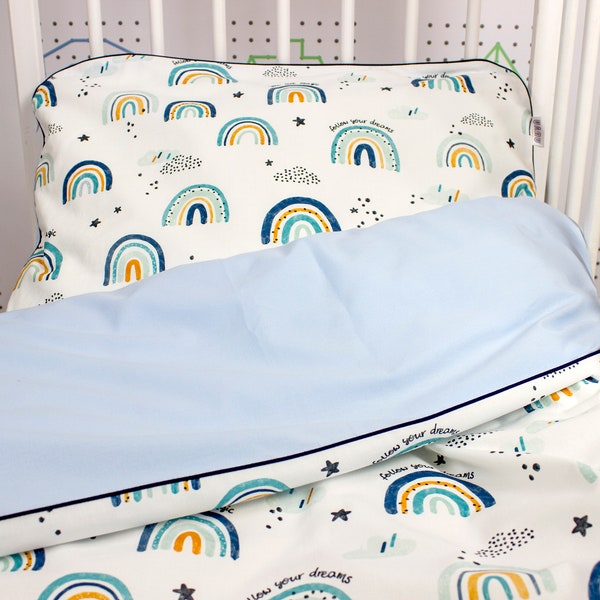 Parure de lit pour enfant et bébé bleu arc-en-ciel, housse de couette et taie d'oreiller en coton doux | Nuva