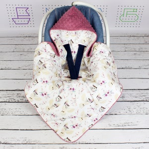 Manta para asiento de coche con diseño de búhos bohemios, manta de viaje con capucha personalizada, manta envolvente para coche para niña / Nuva
