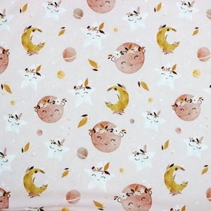 Boho Space on Pink Cotton Fabric, Stars and Moon in Flowers Nursery, Premium Digital Print Cotton, Width 155cm /61"