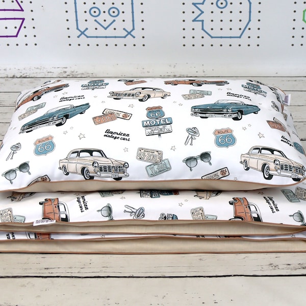 American Vintage Car Kids and Baby Duvet Cover, Boy Cotton Nursery Bedding Set, Route 66 Soft Duvet Cover and Pillowcase, Choose size | Nuva