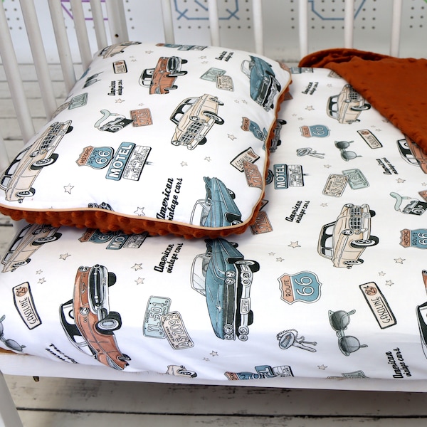 American Vintage Car Kids Sheet, Crib/Bed Fitted Sheet, Route 66 Baby Boy Bed Sheet, Organic cotton Kids Bedding | Nuva