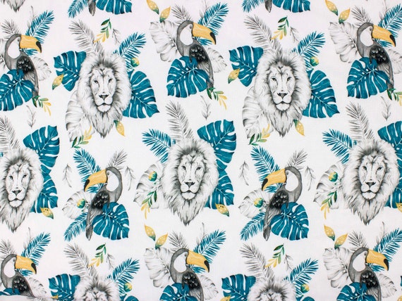 Tissu De Coton Lion Et Toucan Coton Tropical Monstera Jungle Etsy