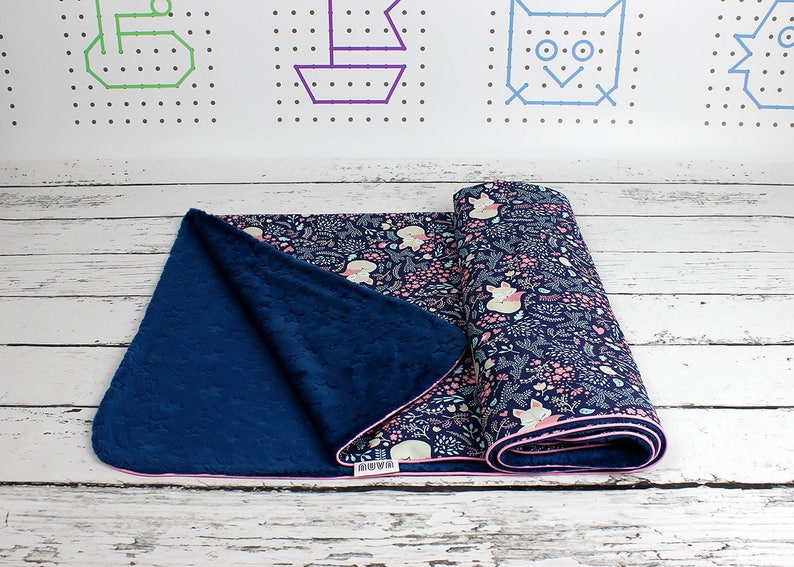 Navy Sleeping Fox Baby Blanket Girl Minky Blanket Etsy