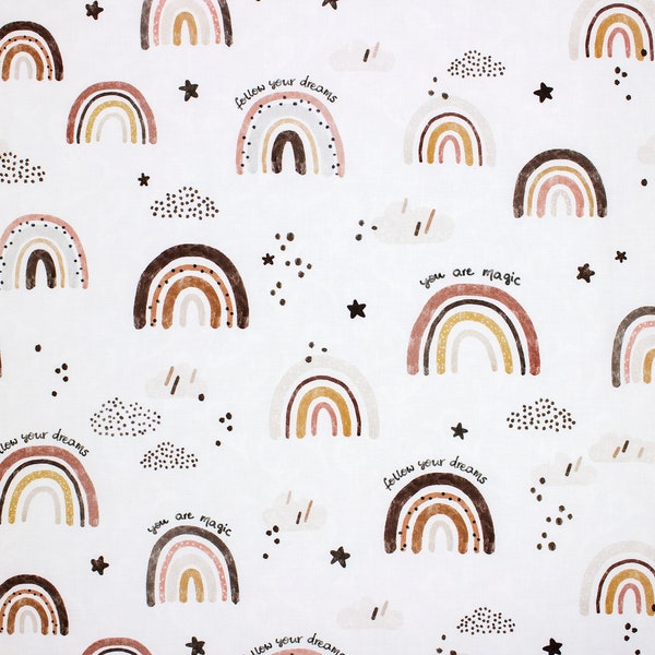 Rainbow Brown Cotton Fabric, Watercolor Modern Nursery, Natural Rainbow Premium Digital Print Cotton, Width 155cm /61"