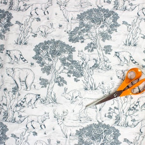 Tessuto di cotone con animali vintage, animali della foresta, orso, cervo, coniglio, procione, volpe, stampa digitale premium in cotone, larghezza 155 cm / 61"
