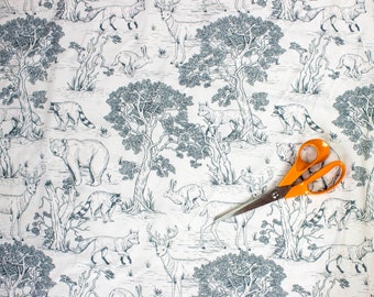 Vintage Woodland Animals Cotton Fabric – Forest Deer, Fox, Bear Print