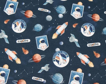 Space Navy Cotton Fabric, Spaceship Rocket Modern Nursery, Premium Digital Print Cotton, Width 155cm /61"