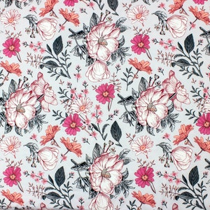 Gray Vintage Garden Flowers Cotton Fabric, Floral Garden Modern Nursery, Premium Digital Print Cotton, Width 155cm /61&quot;