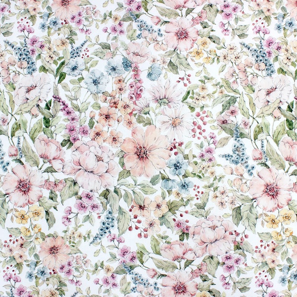 Wild Flowers Cotton Fabric, Floral Garden Modern Nursery, Premium Digital Print Cotton, Width 155cm /61"