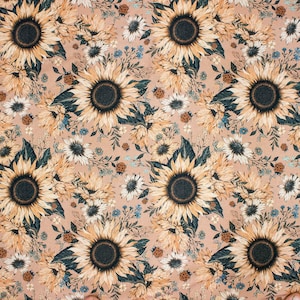 Sunflowers on Peach Cotton Fabric, Floral Modern Nursery, Premium Digital Print Cotton, Width 155cm /61&quot;